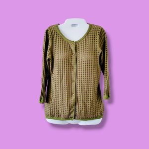 Jefen | Frankie Xie | Y2K Designer VTG Green/Magenta Eyelet Knit Cardigan